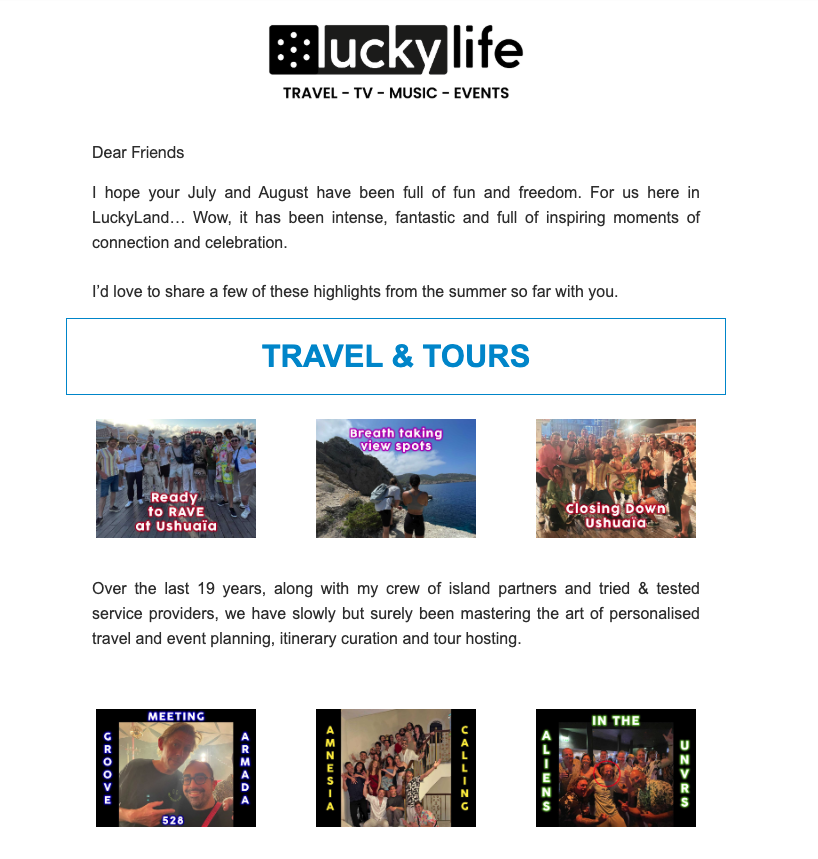 LuckyLifeIbiza's tweet photo. Jump into our midsummer highlights on our latest newsletter: https://t.co/98bXUaYGRx https://t.co/mUoWDvffD5