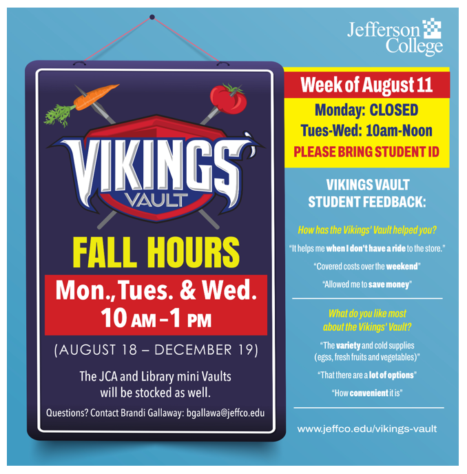 Pro_SUCCESS_JC's tweet photo. The Jefferson College Vikings' Vault Food Pantry is stocked with perishable/nonperishable food, cleaning products, and personal hygiene items for Jefferson College students in need. 🧘
The pantry is located near the cafeteria on the bottom floor of the Student Center. 🍽️ https://t.co/a5pDJKYIia