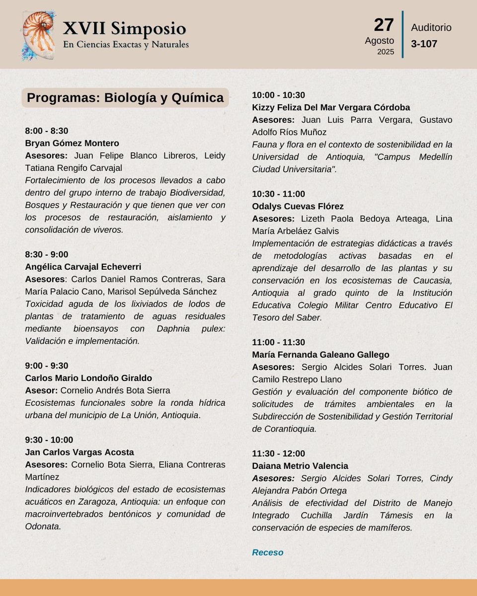 📌Iniciamos la tercera jornada del XVIII Simposio en Ciencias Exactas y Naturales - 27 de agosto de 2025.
📍 Auditorio 3-107, Campus Medellín
🎥 Transmisión en vivo por Facebook Live
zoom: tinyurl.com/25z96tkg