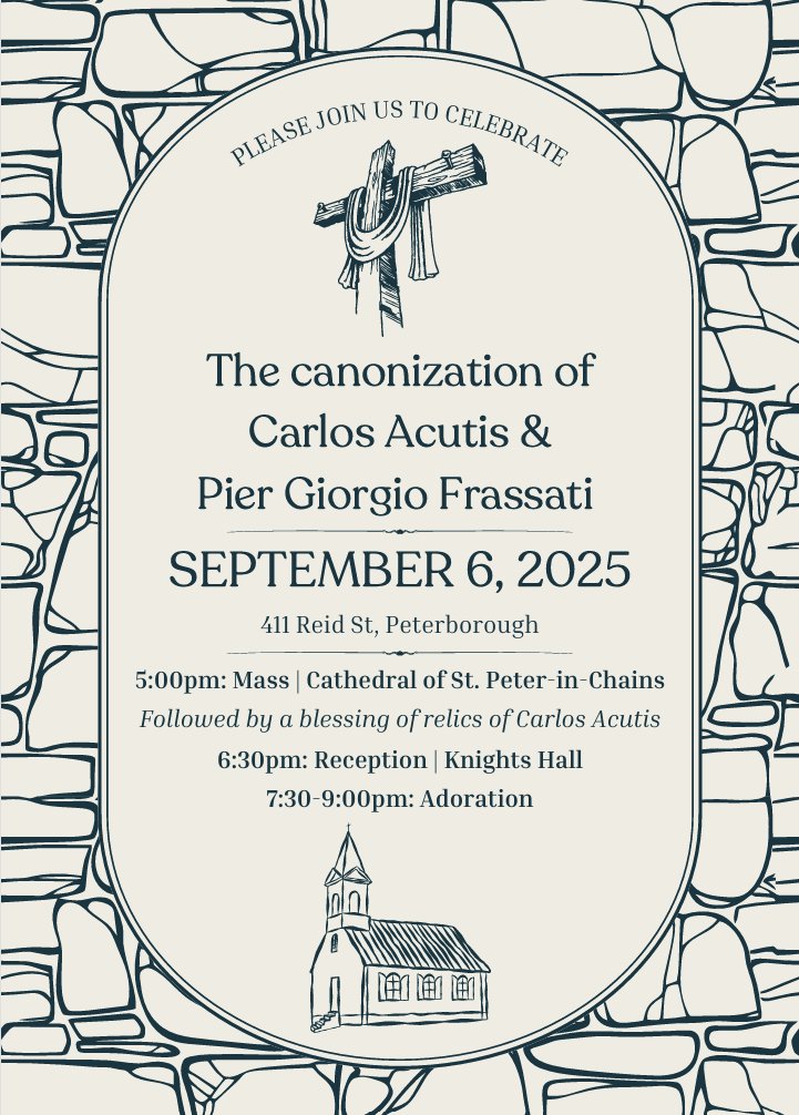 In honour of the canonization of Blessed Carlos Acutis and Pier Giorgio Frassati, we're celebrating a special Jubilee Mass for Youth at the Cathedral on Saturday September 6, followed by a reception in the Knights Hall and Adoration. Everyone is welcome!