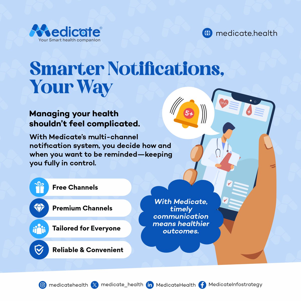 Medicate_health's tweet image. 📢 Smarter Notifications, Your Way.
With Medicate, you choose how to stay on top of your health:
✅ Email &amp;amp; Push (Free)
✅ SMS, WhatsApp &amp;amp; Calls (Premium)
✅ Reminders, refills, updates &amp;amp; more

💡 Better healthcare starts with timely communication.
#HealthTech #DigitalHealth