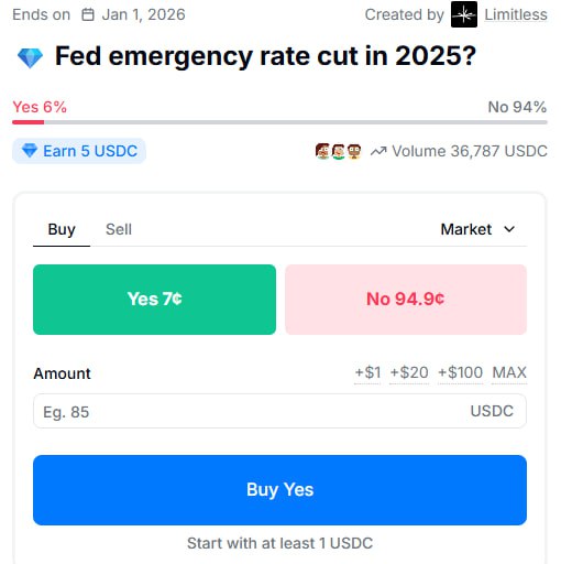 💎 Fed Emergency Rate Cut in 2025—Yes or No?

I personally chose No on <a href="/trylimitless/">Limitless</a>. And here’s why this platform is so exciting: it lets us predict financial markets worldwide, from anywhere, anytime. Whether it’s crypto, stocks, or traditional finance, Limitless gives you the