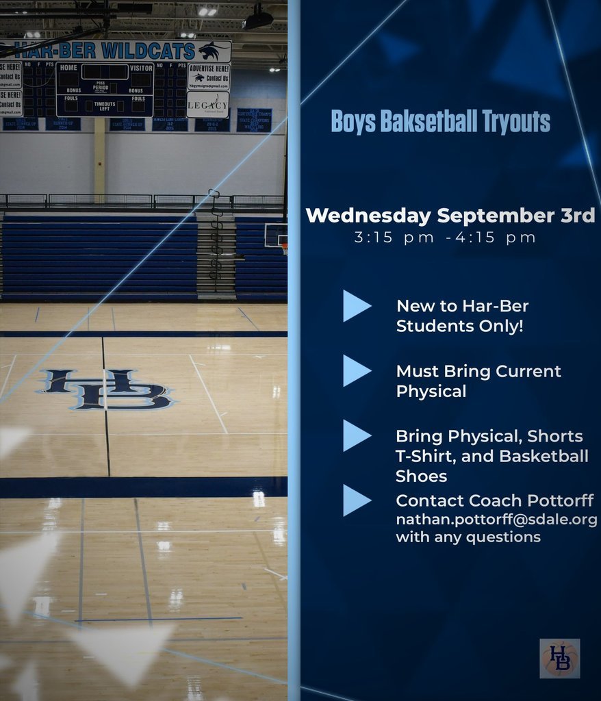 From Har-Ber Boys' Basketball: 
One week from today! This is for new to Har-Ber students only! Athletes will need basketball shoes, shorts, a t-shirt, and a current copy of their physical! Contact Coach Nathan Pottorff at nathan.pottorff@sdale.org with any questions.