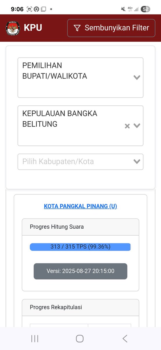 Tabulasi perkiraan hasil sementara sdh berdasarkan data 100% TPS Pilkada Ulang Kota Pangkalpinang.
Dpt dicermati di jagasuara2024.org 
jagasuara2024.org/main/rekapitul…
Cepat, akurat, &amp; transparan.
Indikasi cukup bahwa sistim e recap dpt diandalkan.
Hsl resmi hrs tunggu Kep