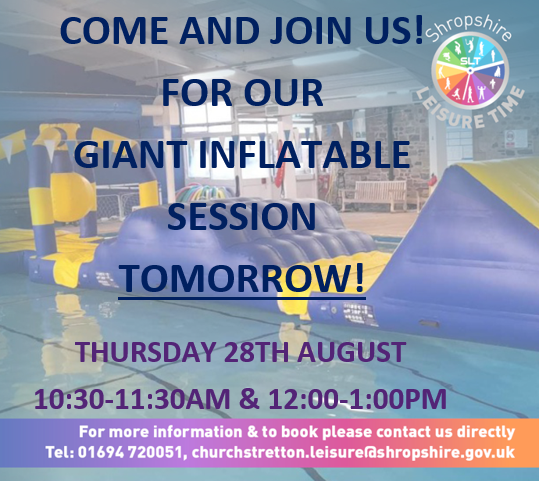 ChStrettonLC's tweet photo. ⭐Join Us Tomorrow For Inflatable Fun⭐

Our Last Thursday Inflatable Session Of The Summer Holidays Will Be Running Tomorrow.

Join Us Tomorrow For Our Giant Inflatable Sessions:
10:30 - 11:30am &amp; 12:00-1:00pm https://t.co/etCgvKSo6t