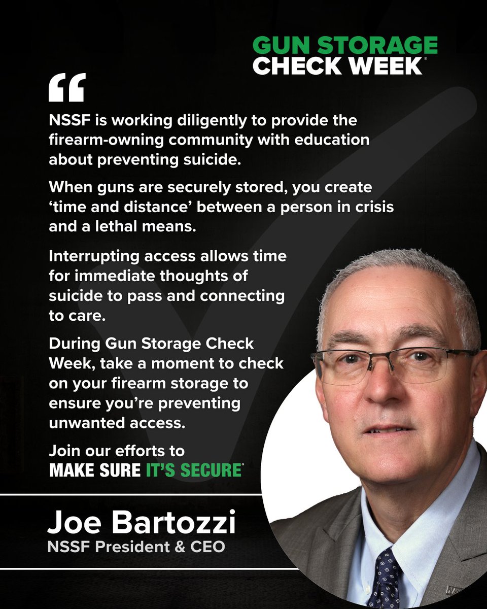 “When guns are securely stored, you create ‘time &amp; distance’ between a person in crisis and a lethal means.” — Joe Bartozzi, NSSF

📅 Gun Storage Check Week: Sept 1–7
Pause, check &amp; improve your storage. ✅

GunStorageCheck.org

#MakeSureItsSecure #GunStorageCheckWeek