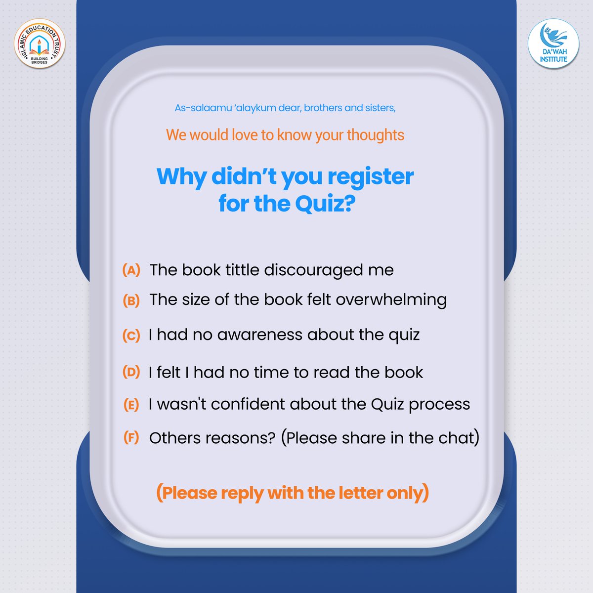 As-salaamu ‘alaykum, Brethren

𝐍𝐨𝐭 𝐫𝐞𝐠𝐢𝐬𝐭𝐞𝐫𝐢𝐧𝐠 𝐟𝐨𝐫 𝐭𝐡𝐞 𝐊𝐧𝐨𝐰 𝐘𝐨𝐮𝐫 𝐃𝐞𝐞𝐧 𝐐𝐮𝐢𝐳 𝐝𝐨𝐞𝐬𝐧’𝐭 𝐦𝐞𝐚𝐧 𝐟𝐚𝐢𝐥𝐮𝐫𝐞; 𝐢𝐭 𝐦𝐞𝐚𝐧𝐬 𝐬𝐨𝐦𝐞𝐭𝐡𝐢𝐧𝐠 𝐬𝐭𝐨𝐩𝐩𝐞𝐝 𝐲𝐨𝐮. 

We want to know what it was.

The Da'wah Institute