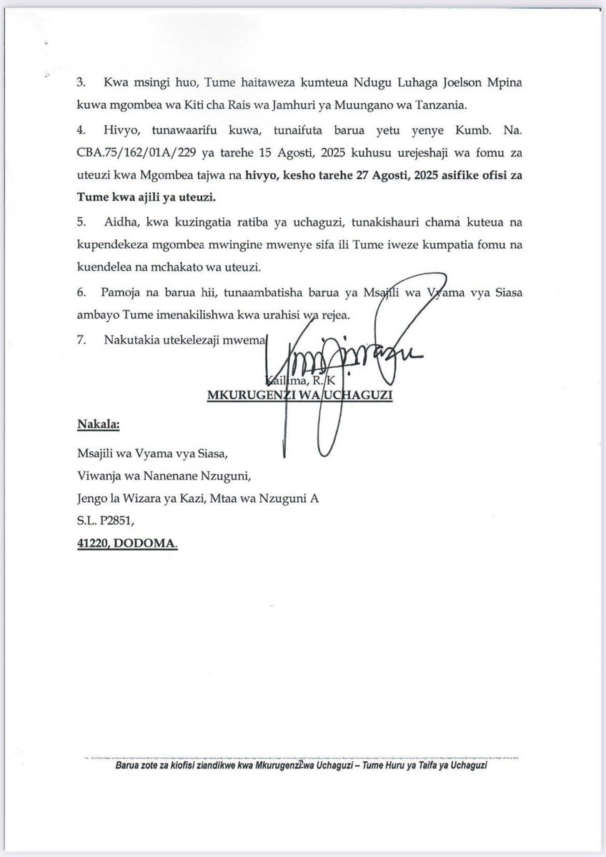 Alishaambiwa jana kwenye barua ya INEC