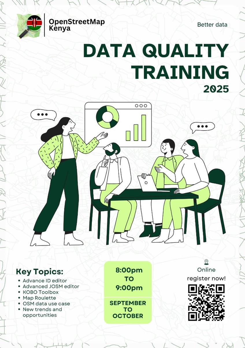 OSM Kenya is hosting it's third Data quality training program that will equip you with OpenStreetMap competence for adding and editing data in OSM. A two months program from September to October from 8:00pm to 9:00pm
Link below for registration
forms.gle/6tpic99VnnwVbA…