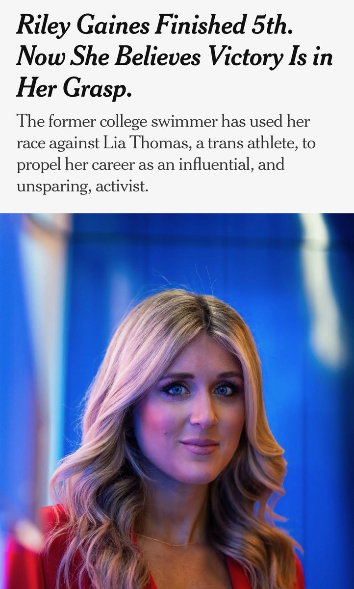 The vast majority of Americans -- including Californians! -- support protecting women's sports. And yet, the fancy people who think they know better continue demonizing regular people who advocate for a mainstream, normie position. No men in women's sports. 

Riley is positioned