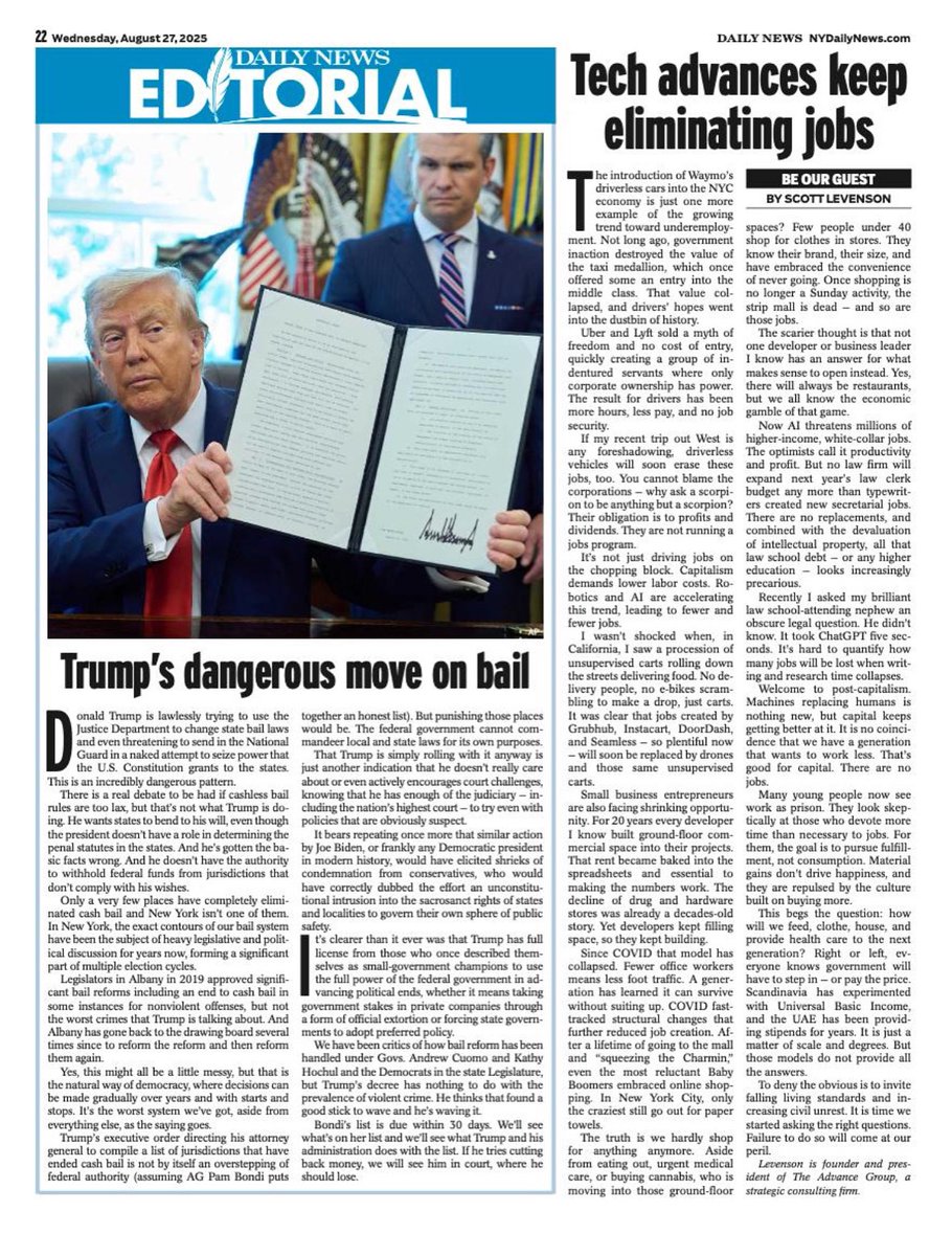 Capitalism. Robotics. Al. Together, they're shaping an inevitable unemployment crisis.
Our founder Scott Levenson dives into the issue in his latest  <a href="/NYDailyNews/">New York Daily News</a> opinion piece.
Check it out below:

nydailynews.com/2025/08/27/tec…