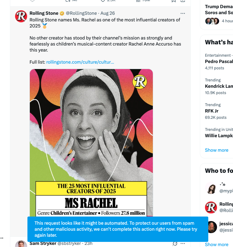 just tried literally 5x to RT this rolling stone tweet about ms rachel article being praised for her work and i keep getting this "error message"