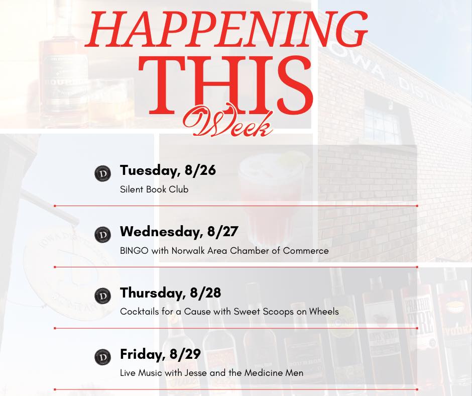 Iowa Distilling Co. (@iowadistilling) on Twitter photo Come check out what’s happening this week at Iowa Distilling Company! We hope to see you!
#CummingIowa #IowaDistilling #IowaMade #CraftSpirits #DrinkLocal #CraftedInIowa #IowaDistillingCo #IowaEvents #WeeklyEvents Come check out what’s happening this week at Iowa Distilling Company! We hope to see you!
#CummingIowa #IowaDistilling #IowaMade #CraftSpirits #DrinkLocal #CraftedInIowa #IowaDistillingCo #IowaEvents #WeeklyEvents