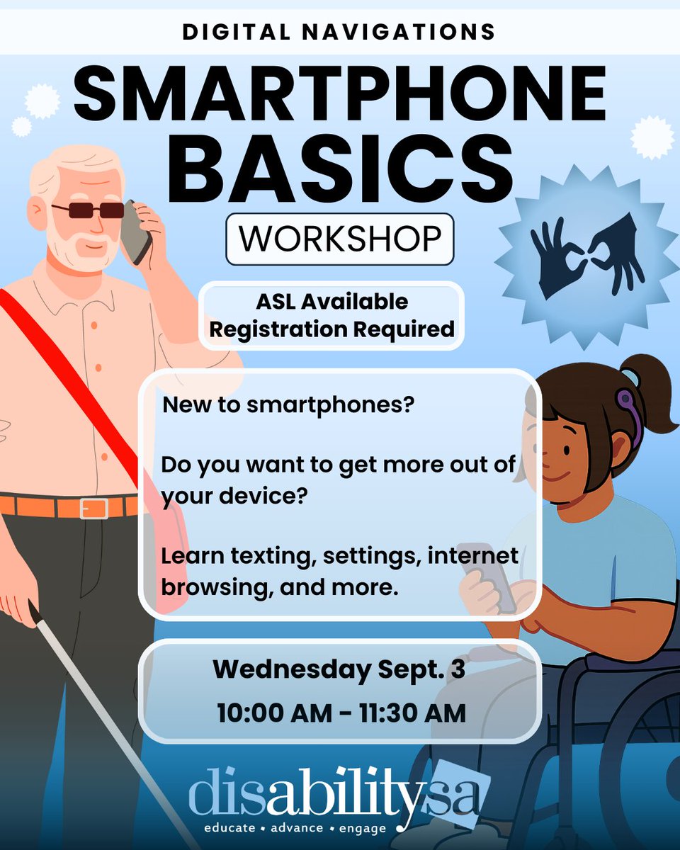 disabilitysa's tweet image. Get more out of your phone! 📱 Join our FREE #SmartphoneBasics workshop with disABILITYsa on Sept 3, 10–11:30 AM.
Learn texting, settings, internet, and more—open to people with disabilities, caregivers, and allies.
🔗 ASL available. Registration required. loom.ly/wCIIrf4