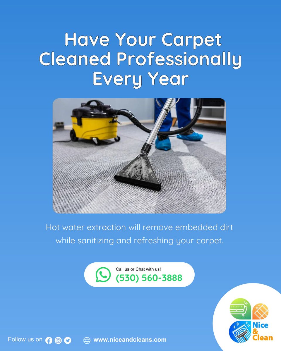 Make it a point to have your carpet cleaned professionally every 12-18 months. Hot water extraction, also known as steam #cleaning , is the preferred method.

Call us or Chat with us on Whatsapp: (530) 560-3888 | (415) 941-8921
Visit: niceandcleans.com

#SanFrancisco