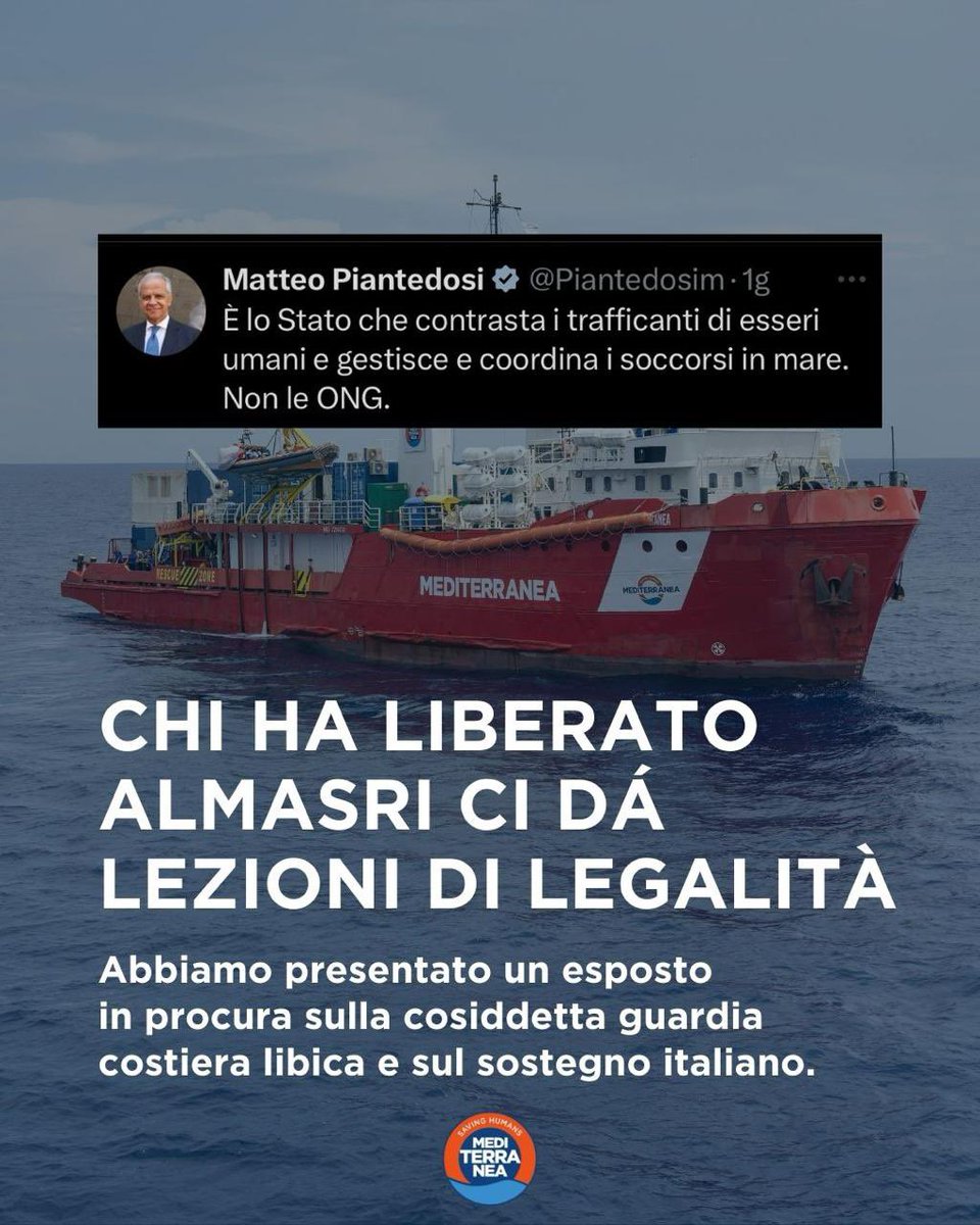 RescueMed's tweet image. Chi ha liberato #Almasri ci dà lezioni di legalità. Non ci stiamo e abbiamo presentato un esposto penale alla Procura della Repubblica di Trapani, dove la nostra nave #Mediterranea è bloccata, perché vogliamo la verità sui crimini delle milizie libiche e le complicità italiane.