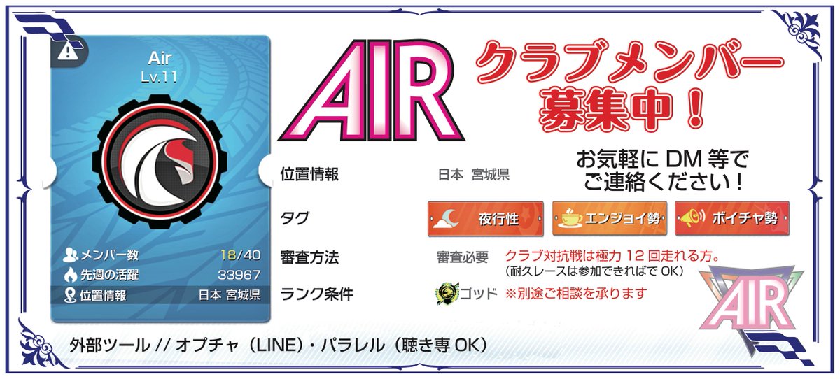 クラブメンバー募集中です。
エンジョイ、自由、ワイワイが中心。
よろしく〜m(__)m
まったり〜したい方は是非。
#レーシングマスター