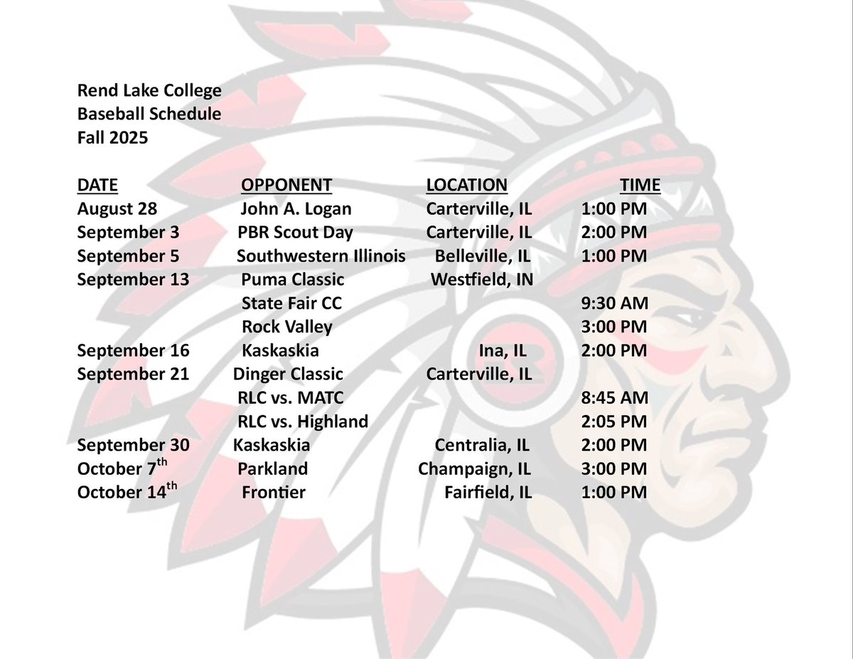 Rend Lake Baseball (@rlc_baseball) on Twitter photo Fall Schedule for your Warriors!! Fall Schedule for your Warriors!!