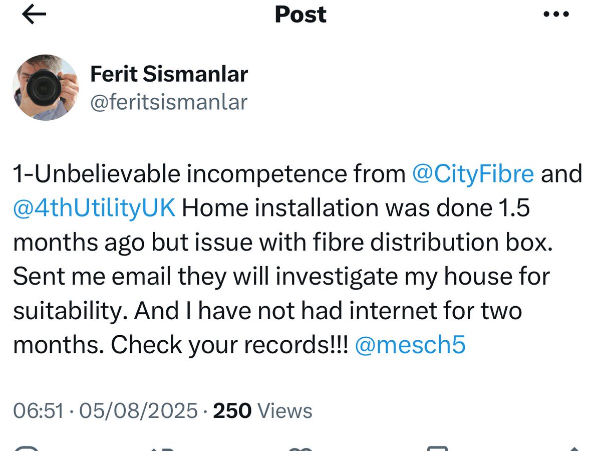 feritsismanlar's tweet photo. 1-Unbelievable doesn’t even begin to cover it. The saga with @CityFibre and @4thUtilityUK has officially gone full Kafka. Today, @CityFibre sent yet another engineer to install broadband at my home except it was already installed two months ago. The issue is the infrastructure!!! https://t.co/TyaKMPlA6Y
