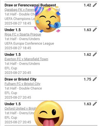 BetwayCode43687's tweet image. BWD562673
1st half double chances 😉🔥💪
use old betway app
#betway 
#betwaslips