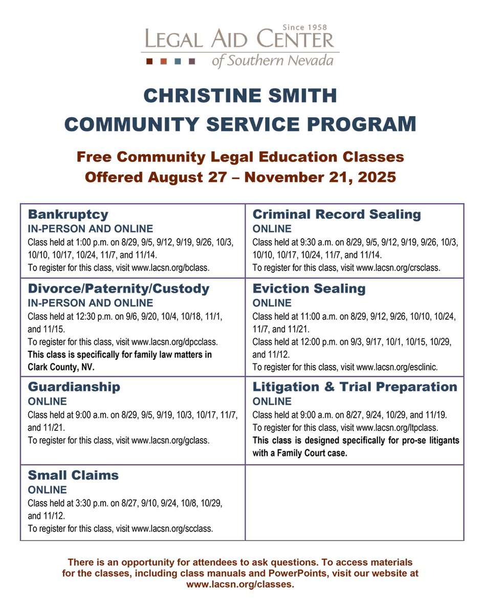 Legal Aid Center (@legalaidsnv) on Twitter photo Our free legal education classes with <a href="/NLS_Law/">Nevada Legal Services</a> and <a href="/BoydLawUNLV/">William S. Boyd School of Law at UNLV</a> for fall 2025 begin this week. Visit our website for details about these and our Spanish offerings (Divorce & Custody, Litigation & Trial Preparation, and Family Law Forms). Our free legal education classes with <a href="/NLS_Law/">Nevada Legal Services</a> and <a href="/BoydLawUNLV/">William S. Boyd School of Law at UNLV</a> for fall 2025 begin this week. Visit our website for details about these and our Spanish offerings (Divorce & Custody, Litigation & Trial Preparation, and Family Law Forms).