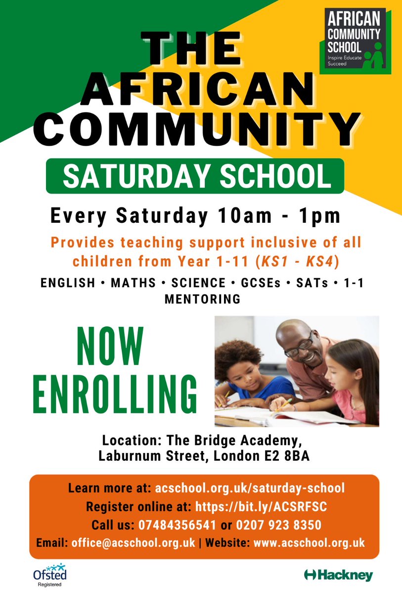 theacschool's tweet photo. Our Saturday School, resumes at 10 AM on 13th September 2025. Enrol Now!

The Saturday School is located at The Bridge Academy, Hackney.

More here: https://t.co/h3W8eck0P6

Register here: https://t.co/g0mUjgo2LN

Any questions, please feel free to contact us! https://t.co/QNj7HA3DIM