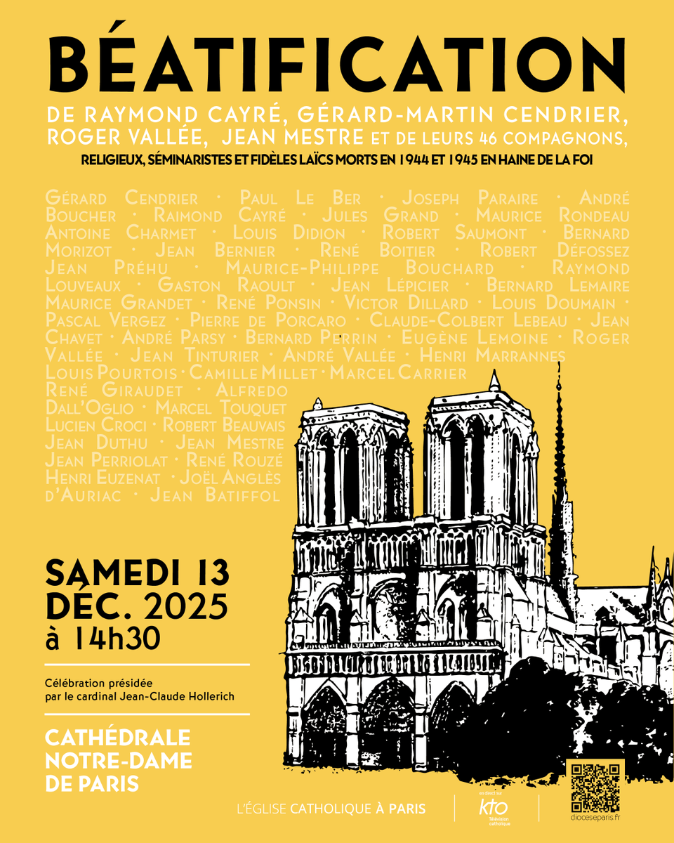🕊️ Le 20 juin 2025, le pape Léon XIV a signé un décret du Dicastère des Causes des Saints reconnaissant le martyre de 50 Français, religieux, séminaristes et fidèles laïcs morts en haine de la foi, en 1944 et 1945.

🙏 La messe de béatification des 50 martyrs aura lieu le samedi