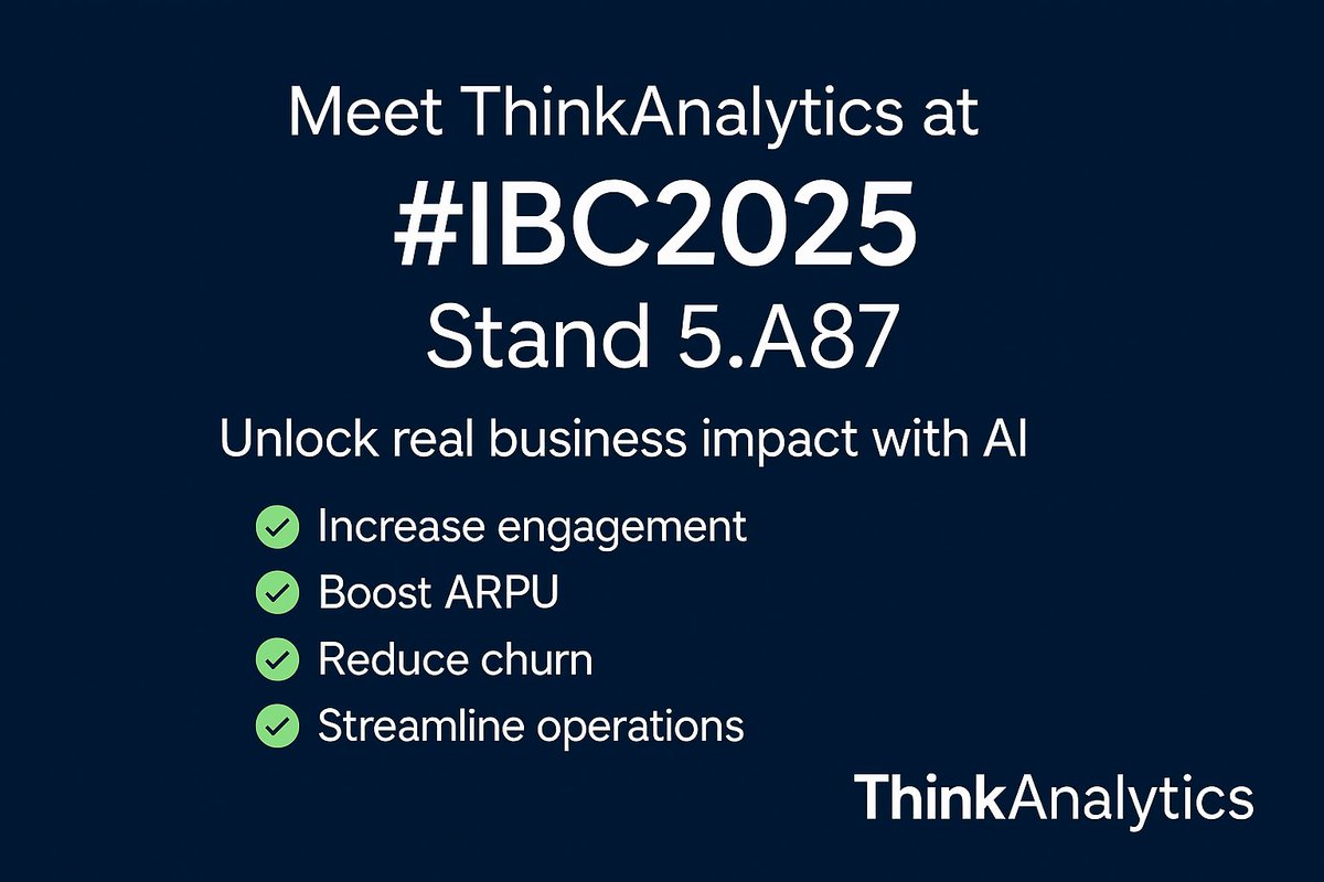 thinkanalytics's tweet image. Heading to #IBC2025? 📍 Visit ThinkAnalytics at stand 5.A87
Discover how AI is driving real business impact:
✅ Higher engagement
✅ Increased ARPU
✅ Lower churn
✅ Smarter operations
Let’s talk about how ThinkMediaAI can help you grow.
#AI #VideoTech #Streaming #AdTech