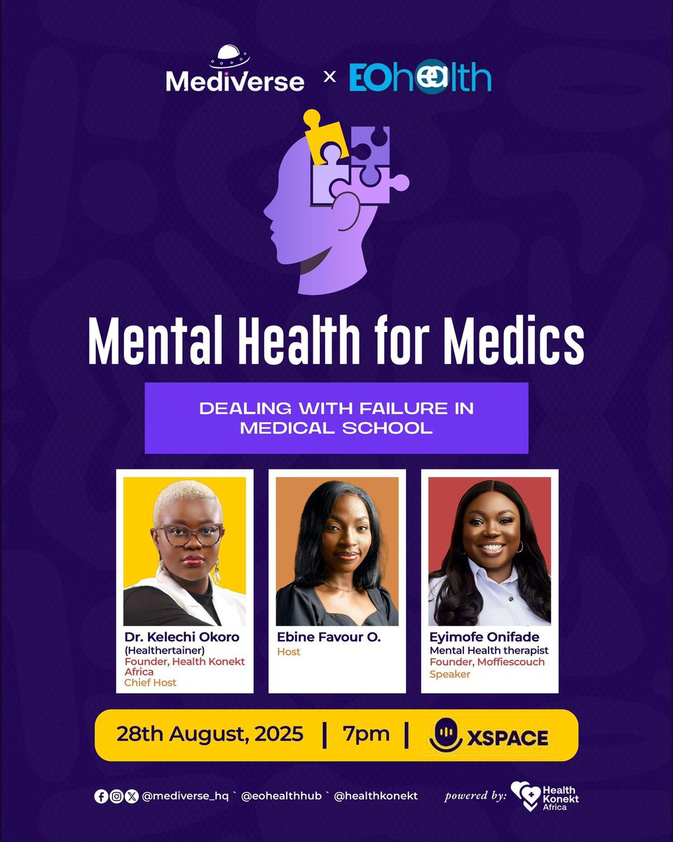 Tomorrow we’ll be unpacking Mental Health for Medics: Dealing with Failure in Medical School, a conversation on turning setbacks into stepping stones.

Date: 28th August, 2025.
Time: 7:00 PM
Venue: X Space
x.com/i/spaces/1BdxY…

Failure is not the full stop, it’s just a comma.