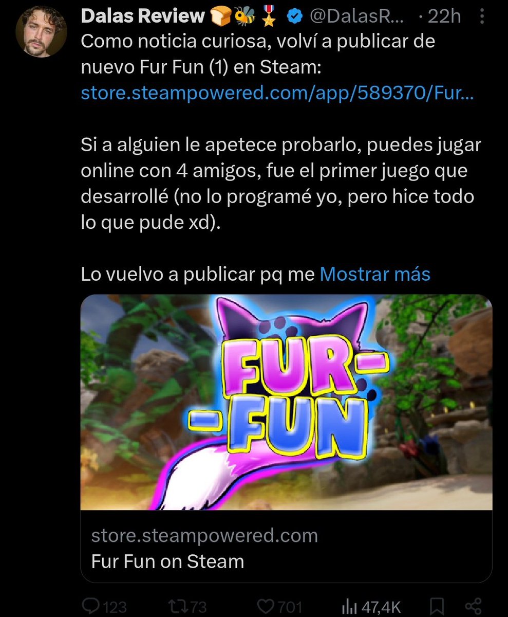 "dalas"
Porque ha vuelto a publicar su primer juego "Fur-Fun"un juego muy criticado en su momento.
La mayoría de la gente estuvo muy insatisfecha por el juego sobre todo por el tema Bugs.
¿Tú que opinas?