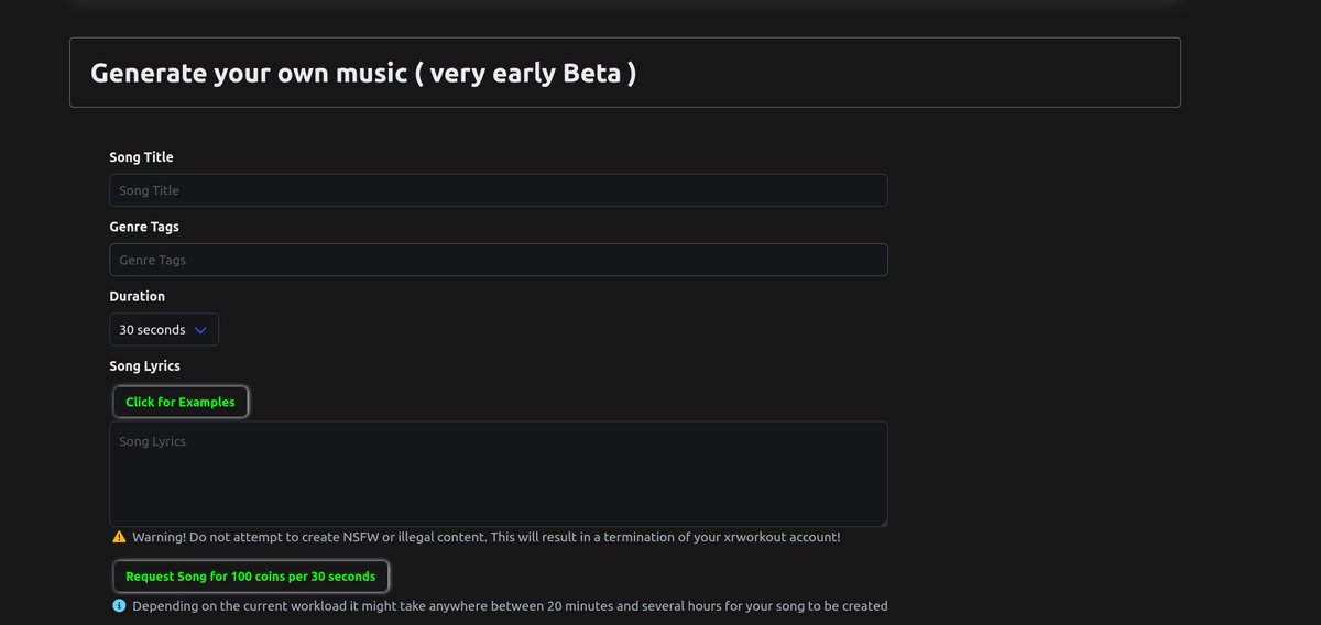 XRWorkout's tweet image. Song generation is now live !

Why workout to our music taste when you already know what you want !

Put in some workout effort and create the coins you convert into your own music.

It&apos;s an early beta and may break along the way, but we&apos;ll fix it quickly. Pinky promise