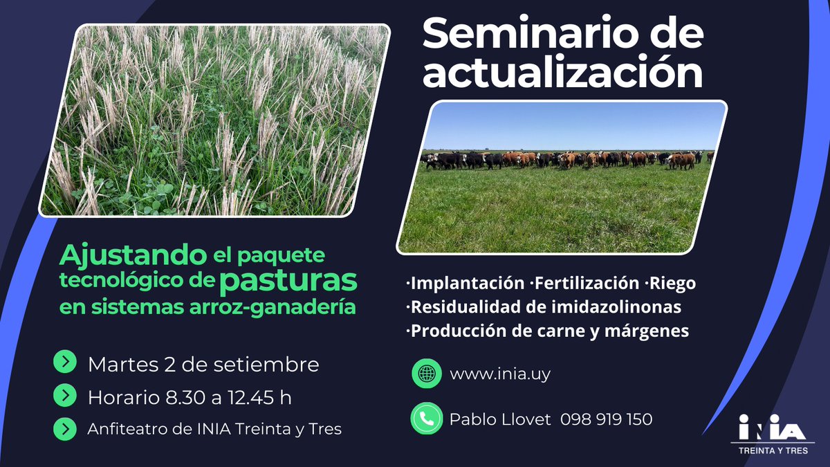📢 ¿Qué factores afectan la implantación de pasturas en sistemas arroz-ganadería?

Lo veremos en el Seminario técnico “Ajustando el paquete tecnológico de pasturas” 🐂🌱

 📅Martes 2/9 – INIA Treinta y Tres

 📝Inscripción aquí 👉 forms.office.com/r/icWmySpU18
