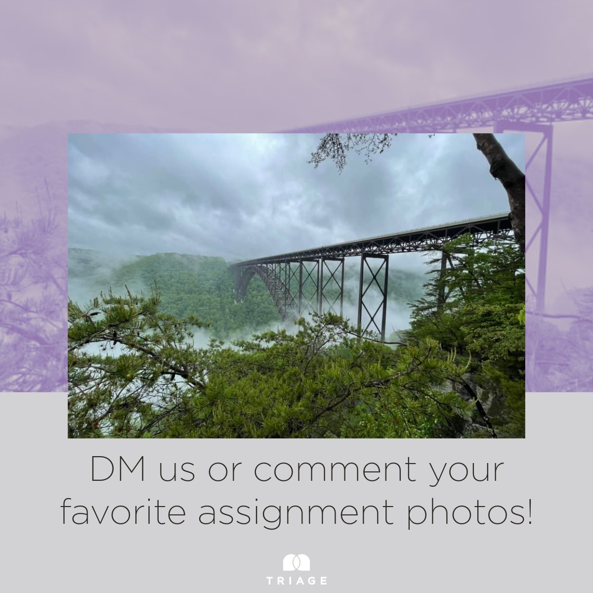 Want to see your favorite assignment shots featured on Triage socials? Drop them in the comments or DM us your best pics for a chance to be featured! 📸 
📷: #TeamTriage traveler Georgia
📍: New River Gorge National Park, West Virginia