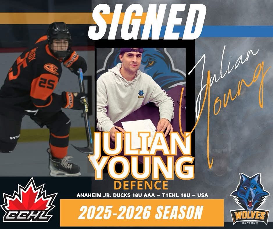 RenfrewWolves's tweet photo. SIGNED
The Wolves are excited to announce the signing of Julian Young, a strong defenceman coming to us from the Anaheim Jr. Ducks 18U AAA (T1EHL 18U – USA)!
Welcome to the pack, Julian — we can’t wait to see you on the ice this 2025–2026 season!
#WolvesHockey #CCHL #Signed https://t.co/J266u3VzPe
