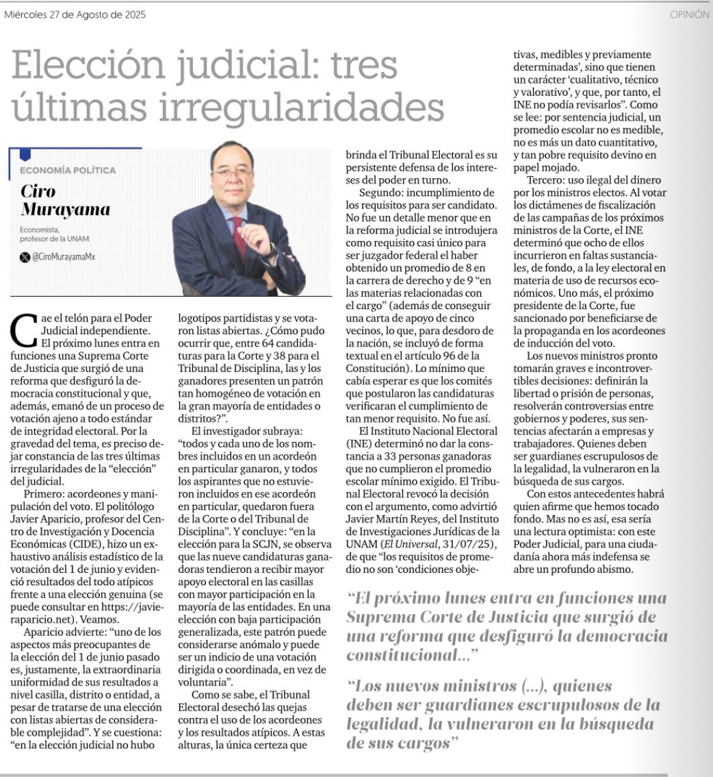 Cae el telón del Poder Judicial independiente.

Hay que dejar constancia de las últimas irregularidades de la 'elección':

Acordeones y manipulación del voto, jueces sin promedio y uso ilegal de dinero x nuevos miembros <a href="/SCJN/">Suprema Corte</a>

Mi texto en <a href="/ElFinanciero_Mx/">El Financiero</a>

elfinanciero.com.mx/opinion/ciro-m…
