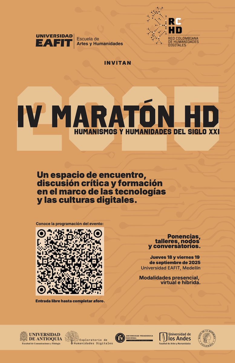 Ya está la programación de la IV Maratón HD el evento de la Red Colombiana de Humanidades Digitales! 18 y 19 de septiembre en EAFIT, Medellín. Muy contenta de ver a varios egresados de la Maestría HD de <a href="/ArtesUniandes/">Facultad de Artes y Humanidades | Uniandes</a> en la programación 🙂 rchd.com.co/maraton/