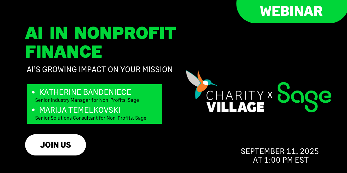 vantagepnt's tweet photo. Charity Village is hosting AI in Nonprofit Finance: AI’s Growing Impact on Your Mission on September 11. This free webinar takes you through how AI can streamline reporting, budgeting and decision-making to free up time for mission-driven work.

https://t.co/bUr50aLEkB https://t.co/QBn7irnLg1