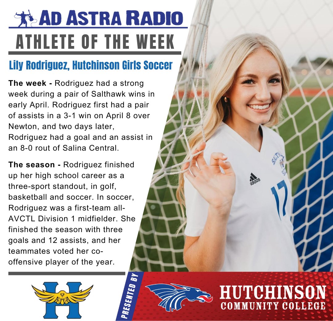 ⚽🎉 Ad Astra Radio is proud to announce Lily Rodriguez with Hutchinson Girls Soccer as the Athlete of the Week!

Ad Astra Radio's Athlete of the Week is presented by Hutchinson Community College.

 #AthleteOfTheWeek #SalthawkPride #SoccerStandout #localsports