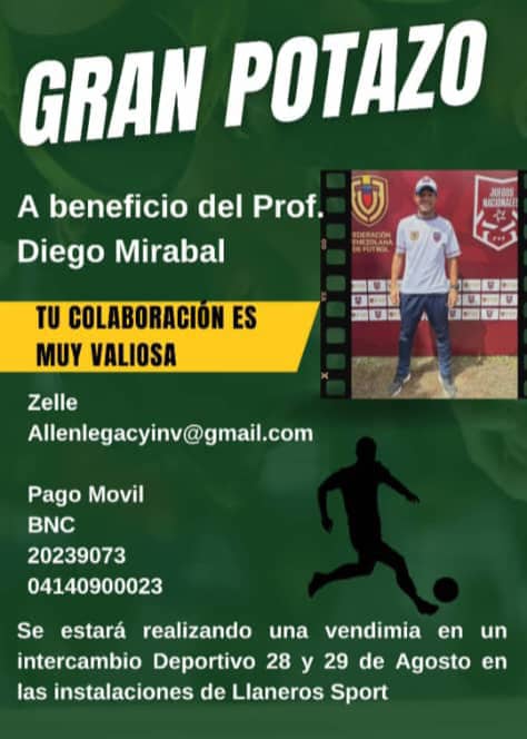 Démosle una mano a Diego Mirabal, periodista, ex futbolista, vinotinto en un Sudamericano Sub 15 en Brasil 2007, entrenador, dueño de una escuela, buen hijo y buen padre, excelente ser humano. Dios os pagará...