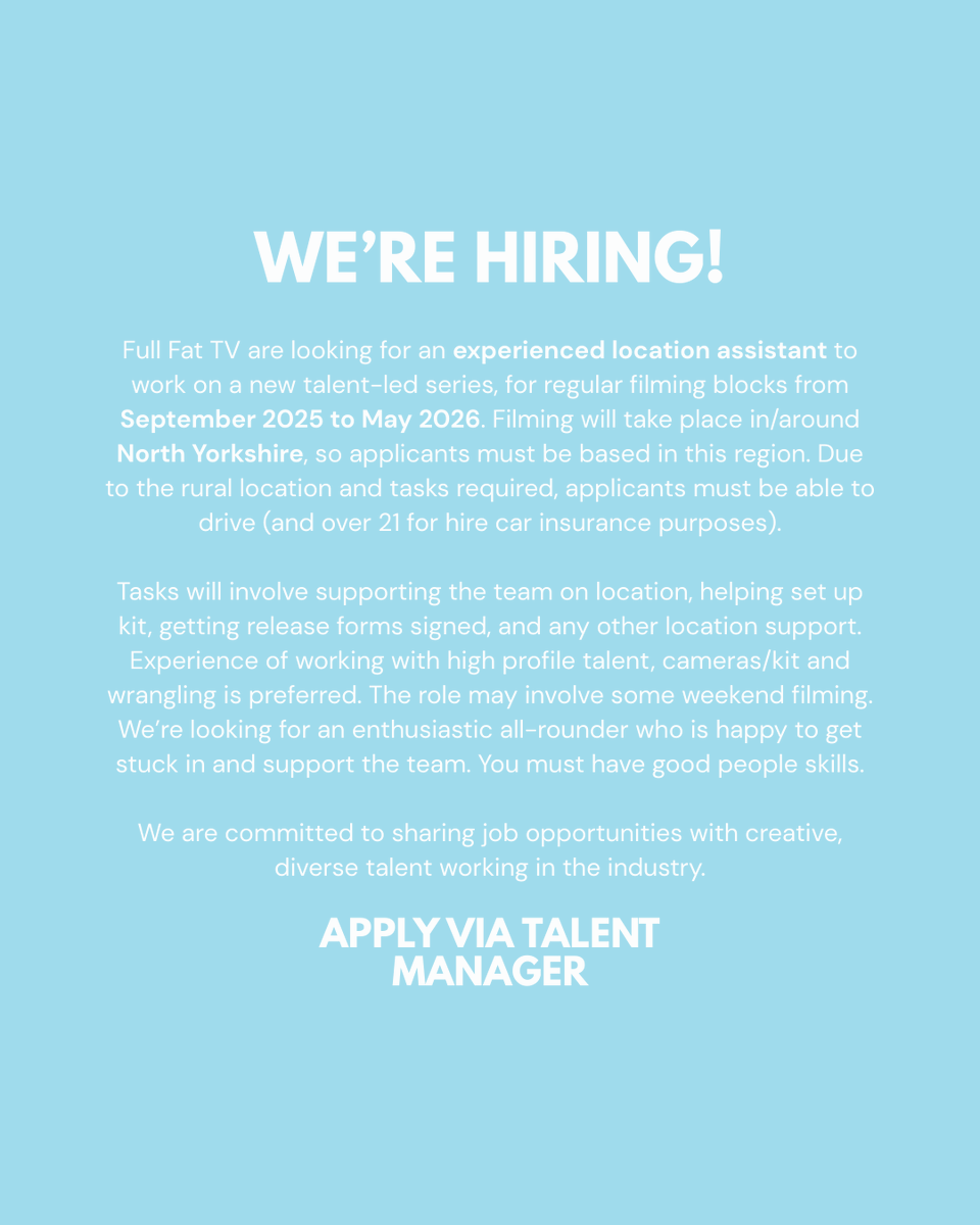 We're hiring an experienced location assistant for a new talent-led series. Apply via Talent Manager: thetalentmanager.com/jobs/location-…