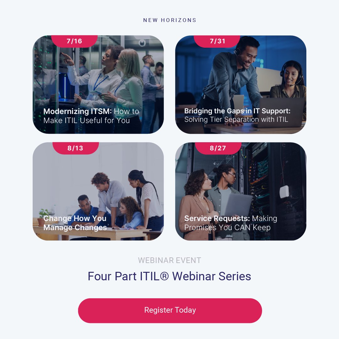 NewHorizonsCLC's tweet photo. When users can’t find what they need, your service catalog might be the problem! Register now to join our fourth and final part of our ITIL Webinar series featuring David Canon 🛠

https://t.co/cIcsHSt9eL

#ITIL #ITSM #ServiceRequests https://t.co/86SVx28UPb