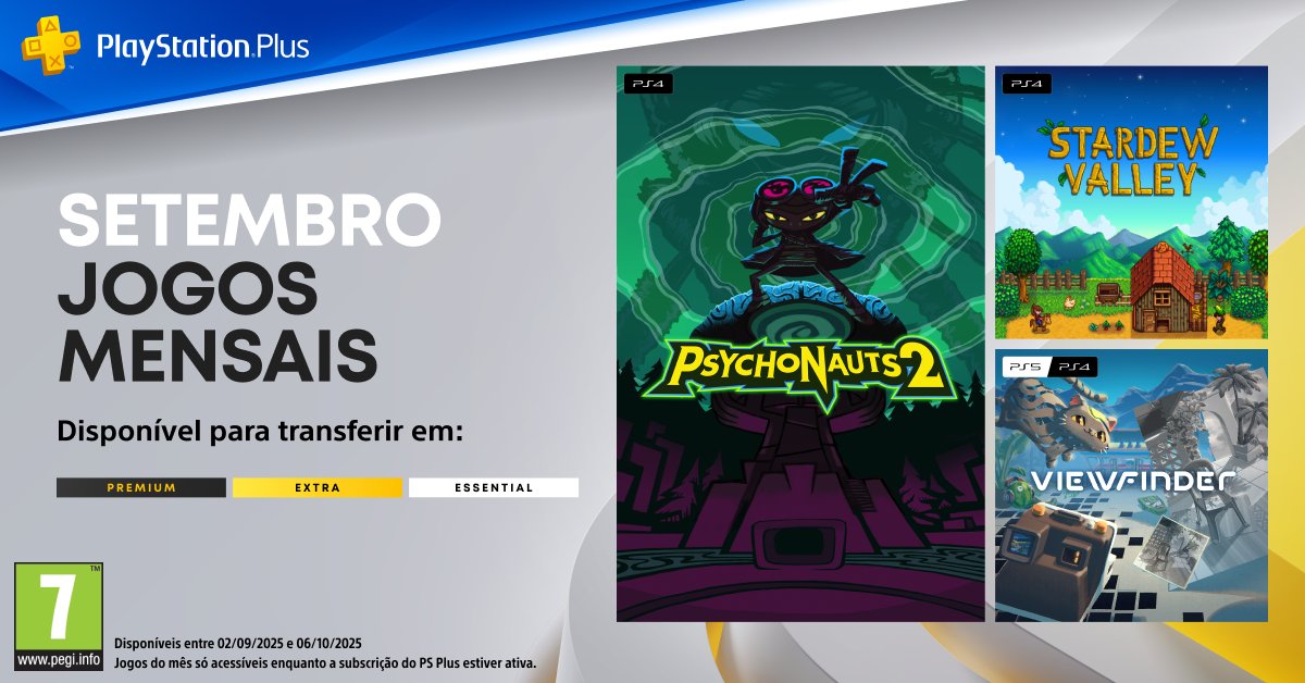 Espera-nos um mês BRUTAL com os Jogos do Mês de setembro no PlayStation Plus! 🎮
🧠 Viaja pelo mundo surreal e cheio de humor de Psychonauts 2
🌾 Cria, cultiva e vive ao teu ritmo em Stardew Valley
🧩 Desafia a tua perceção com os enigmas criativos de Viewfinder
Toda a informação