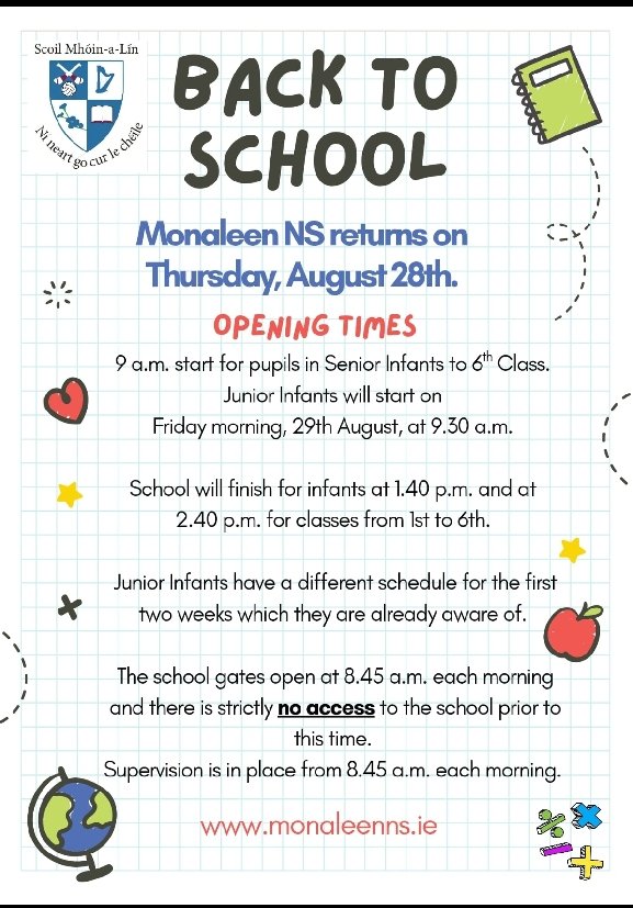 We welcome back all our staff and pupils, see the details below.  We wish you a wonderful new school year with lots of fun, adventure, new friendships  and a world of learning. Enjoy every minute.
