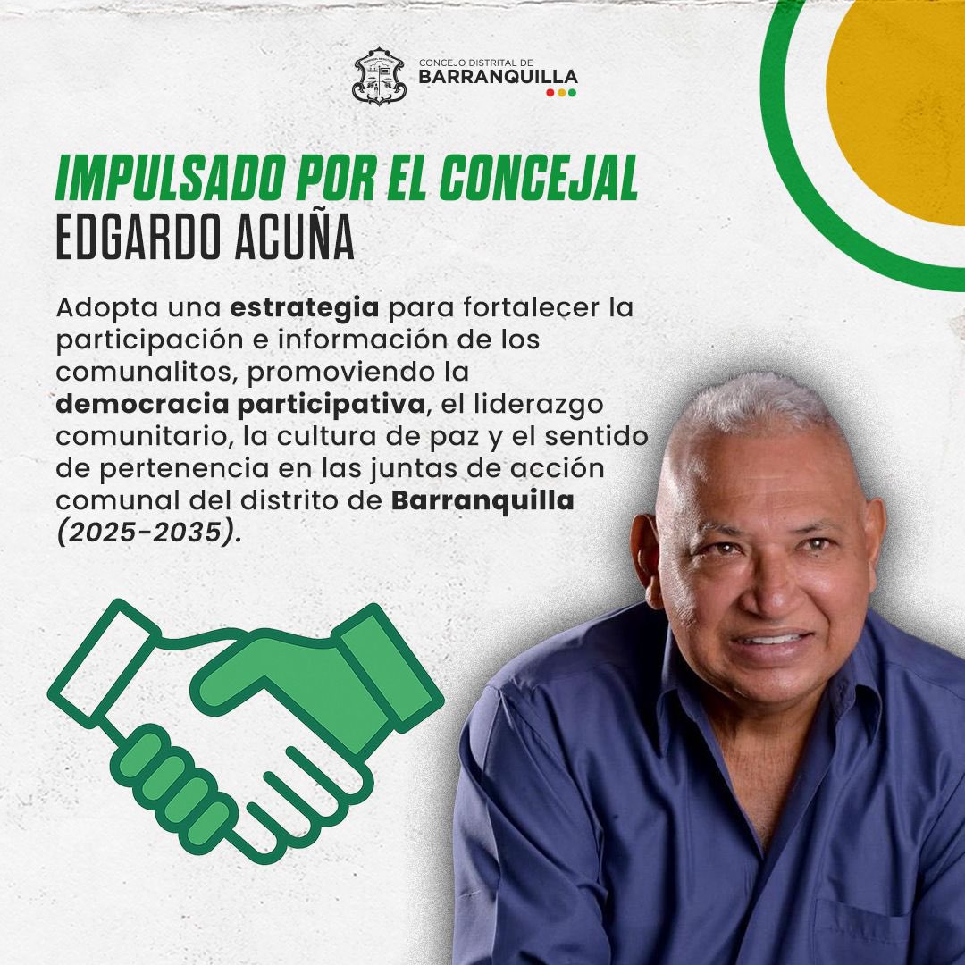 Concejodebaq's tweet image. 💡 La voz de la comunidad es la base de una ciudad más fuerte y unida.
Con este proyecto de acuerdo, se busca fortalecer la participación ciudadana, el liderazgo comunitario y la cultura de paz en las Juntas de Acción Comunal de Barranquilla. 🌎🤝