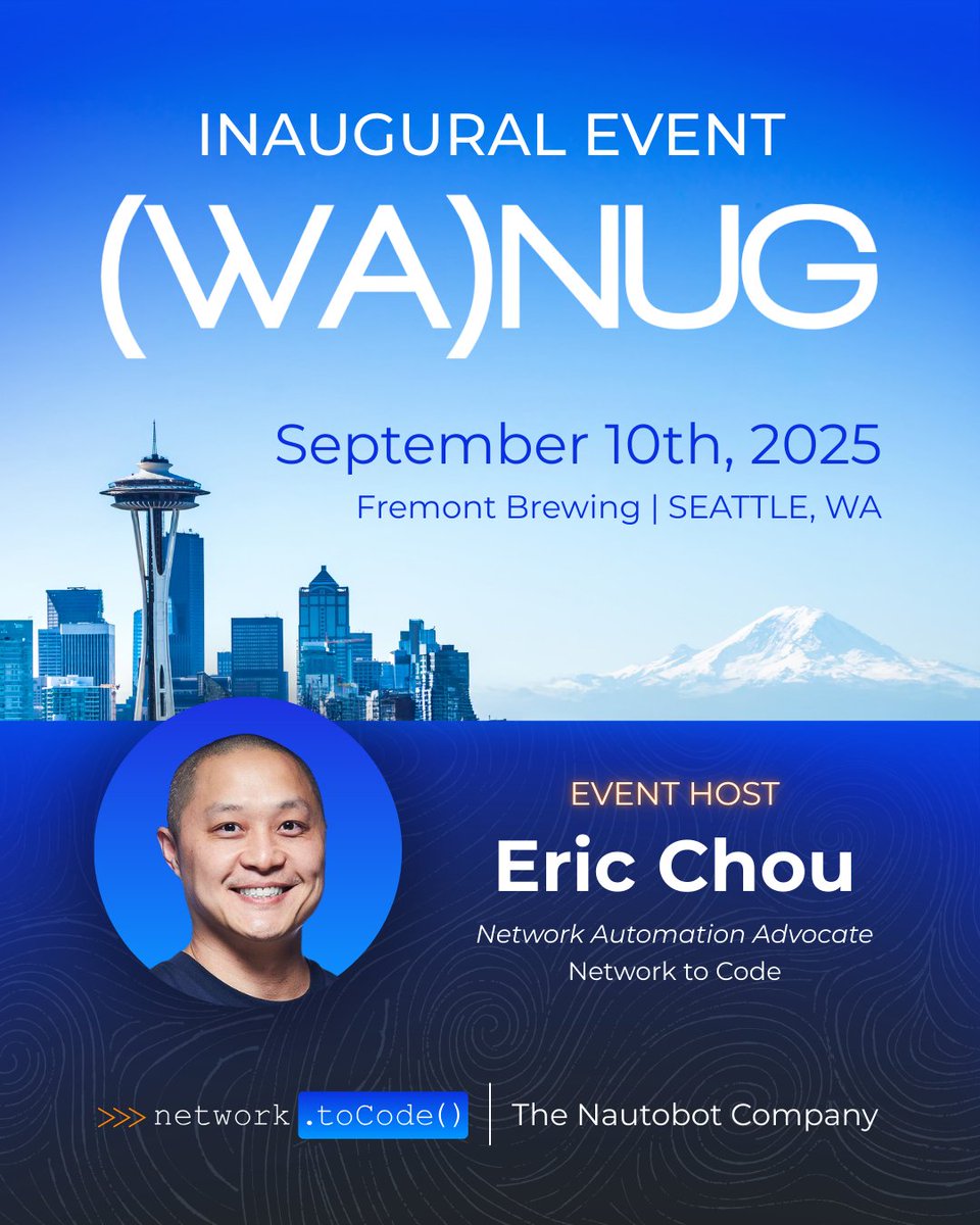 networktocode's tweet image. 🚨 Hey Washington! The inaugural (WA)NUG is coming to Seattle on Sept 10.
Join NTC’s Eric Chou and a community of network pros for an evening dedicated to all things networking, good food, drinks, and connections that actually matter.
👉 Save your spot: hubs.ly/Q03FQRH80