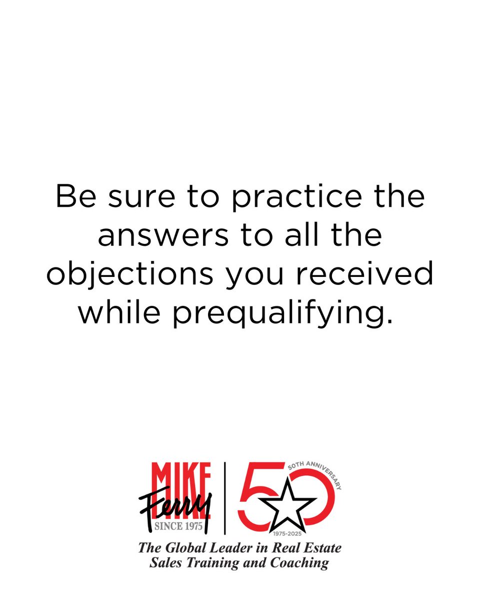 MikeFerryOrg's tweet image. The Real Estate Agents who win listings don’t “wing it”, they practice their answers to objections alot.

Are you prepared for the objections you’ll face or hoping you’ll figure it out in the moment?

#RealEstateAgents#RealEstateCoaching #ObjectionHandling #MikeFerry #TopProducer