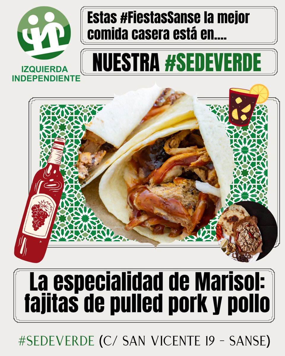 ¿Conoces nuestros platos más internacionales? Y, como siempre, todo hecho en casa y ¡riquísimo 🤤! No lo decimos nosotros, lo dice toda la gente que ya los ha probado🥰

Así que ya sabes, la mejor #comida casera de las #FiestasSanse está en nuestra #SedeVerde💚👇
🧆 Croquetas