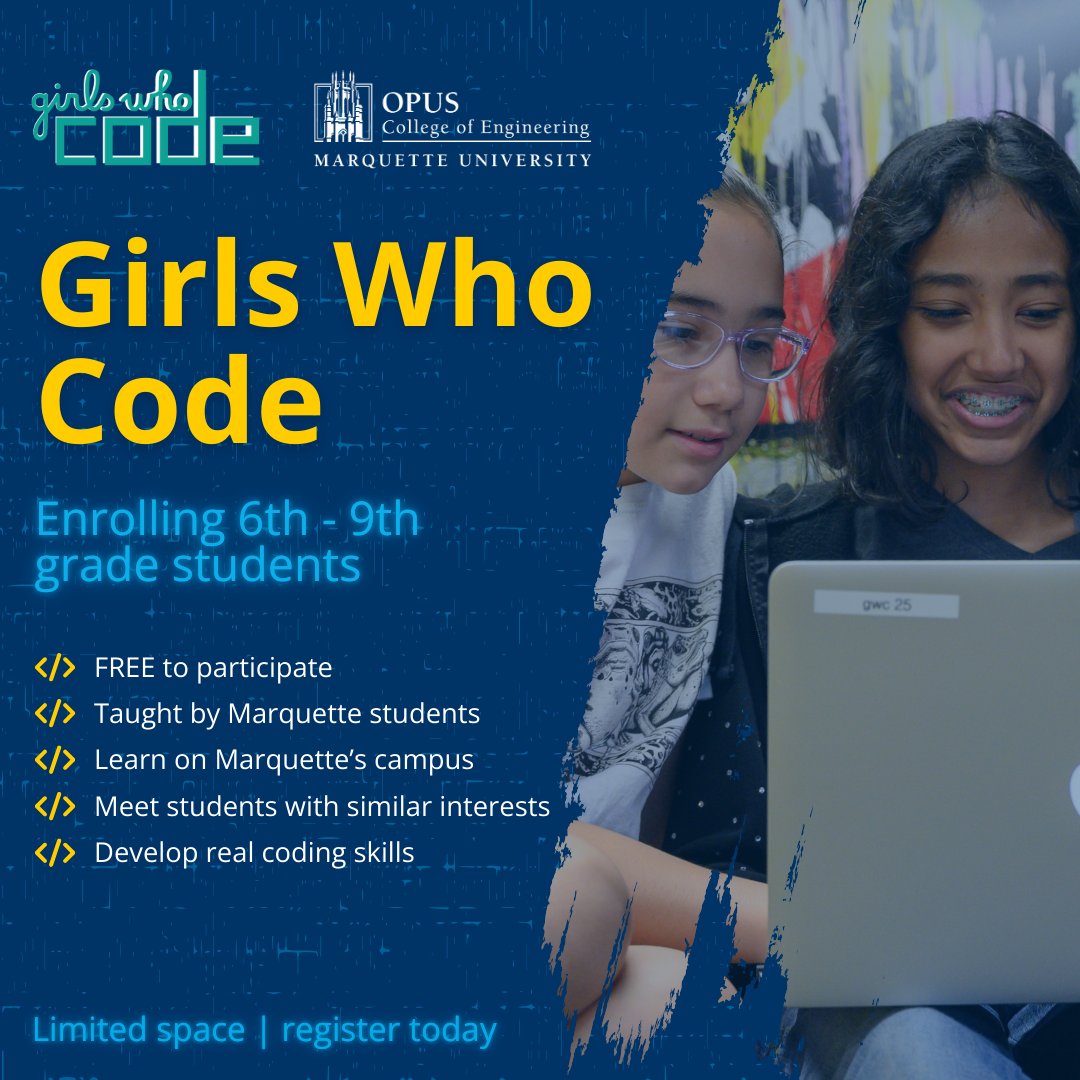 Marquette Engineering (@muengineering) on Twitter photo 6th - 9th grade students are invited to enroll in Girls Who Code at <a href="/MarquetteU/">Marquette University</a> for Fall 2025! As part of the national Girls Who Code organization, our chapter offers FREE programs for students to learn coding on Marquette's campus.
Learn more: marquette.edu/engineering/k1… 6th - 9th grade students are invited to enroll in Girls Who Code at <a href="/MarquetteU/">Marquette University</a> for Fall 2025! As part of the national Girls Who Code organization, our chapter offers FREE programs for students to learn coding on Marquette's campus.
Learn more: marquette.edu/engineering/k1…
