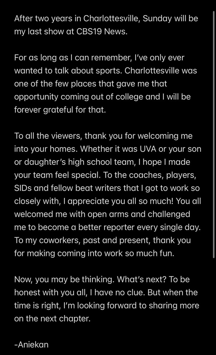 Goodbyes are never easy, but here we go…

After two years, my time at <a href="/CBS19Sports/">CBS19 Sports</a> is coming to an end. Sunday will be my final show. 

Charlottesville you are one of a kind and I’ll forever be grateful for this chapter of my life.💙🧡