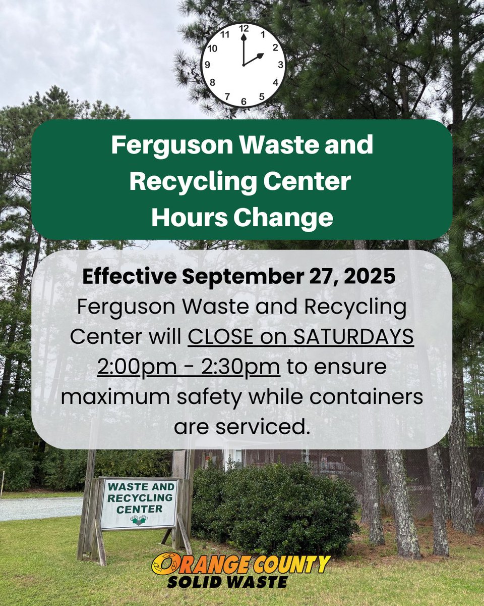 Ferguson Rd. Waste and Recycling Center Hours Change: Effective September 27, 2025, the Ferguson Rd. Waste and Recycling Center will be closed on Saturdays from 2pm-2:30pm to ensure maximum safety while containers are serviced.